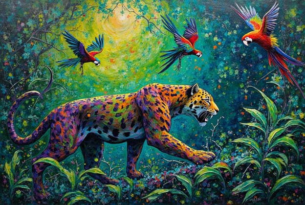 Colorful Leopard Scarlet Macaws Jungle