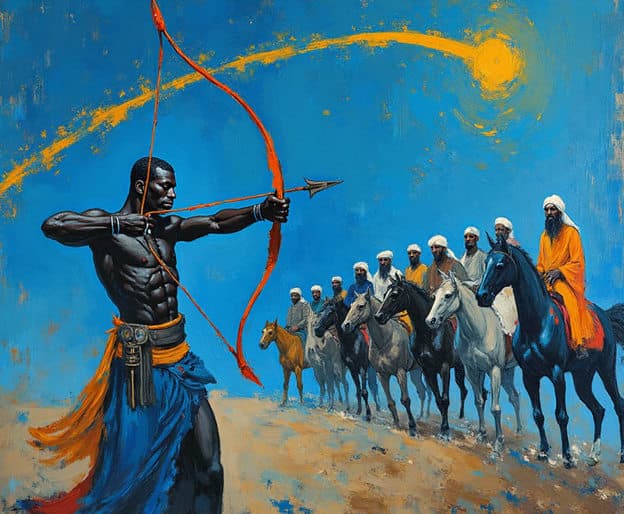 African Archer Aiming Arrow Caravan Riders Blue Sky