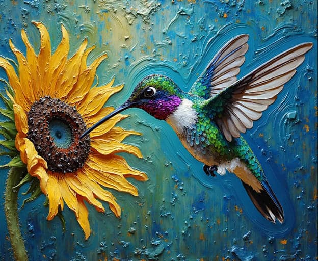 Hummingbird Sunflower Textured Oil Painting