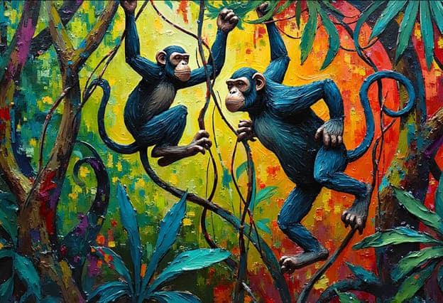Two Chimpanzees Vines Colorful Jungle