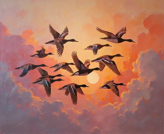 Flock Ducks Flying Sunset Clouds