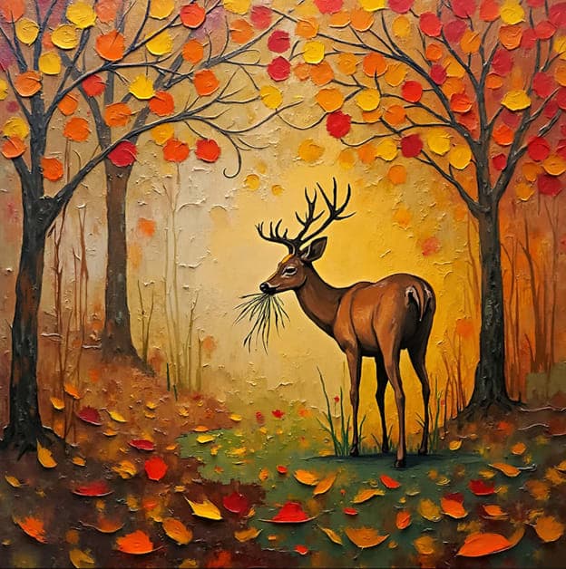 Buck Deer Eating Grass Autumn Tree Arch