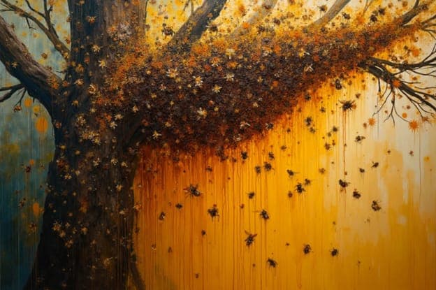 Swarming Bees Golden Tree Textured