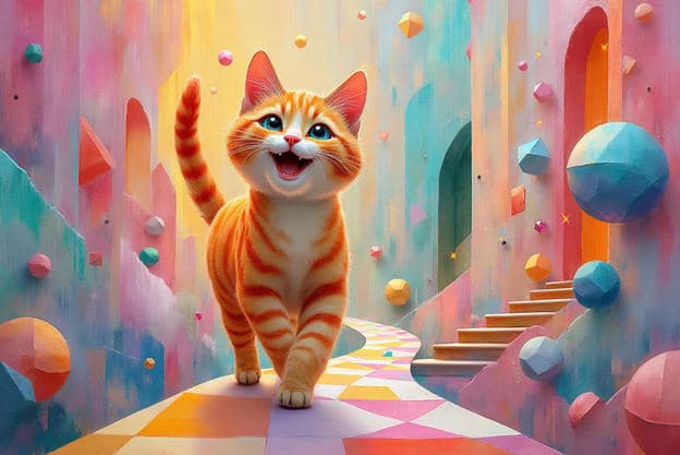 Happy Orange Cat Whimsical Colorful Corridor