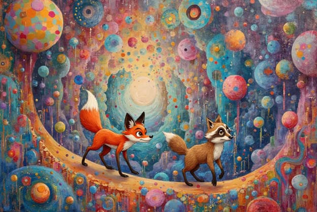 Fox Raccoon Cosmic Bubble Dreamscape