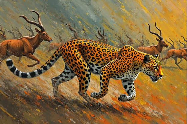 Leopard Chasing Antelope Herd Dusty Plains