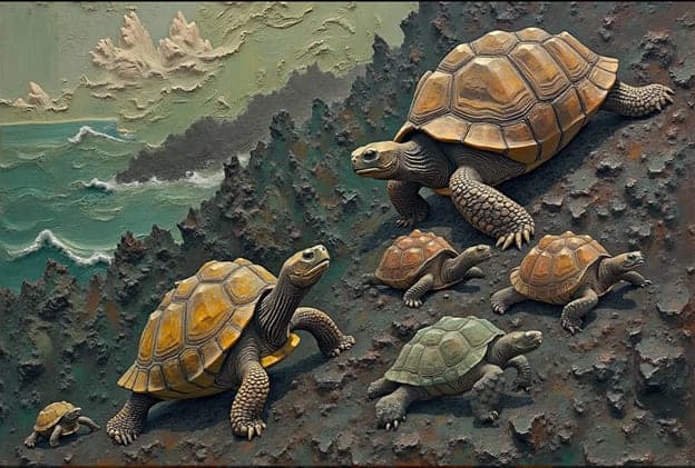 Galapagos Tortoises Family Rocky Coast