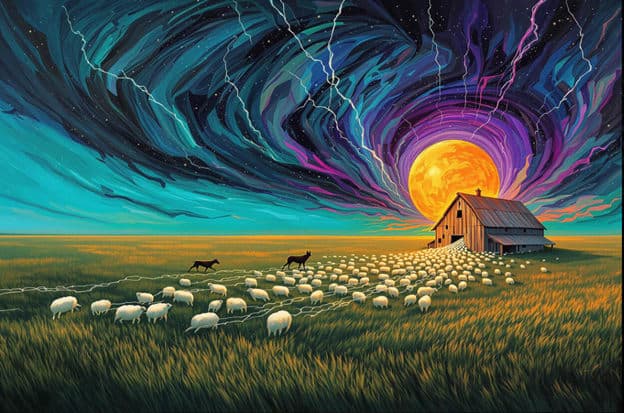 Sheep Flock Barn Cosmic Storm Sky