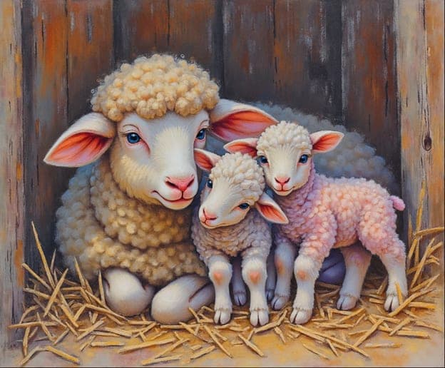 Ewe Two Lambs Barn Hay Portrait