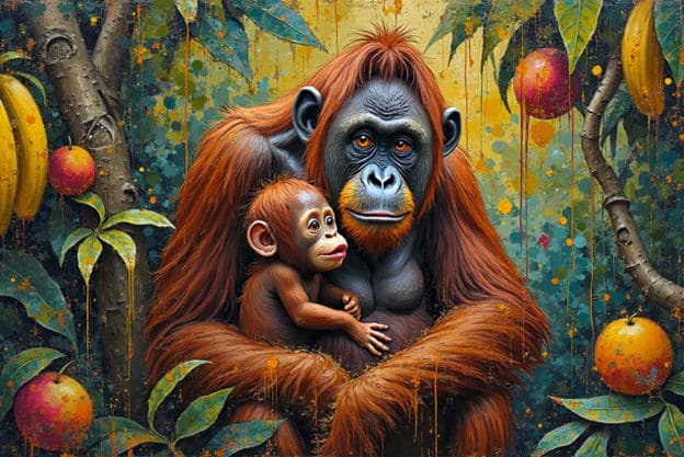 Orangutan Mother Baby Fruit Trees Textured