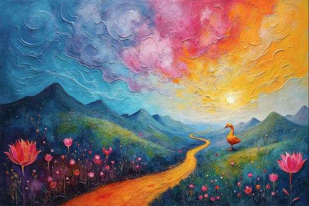 Duck Walking Golden Path Textured Sunset