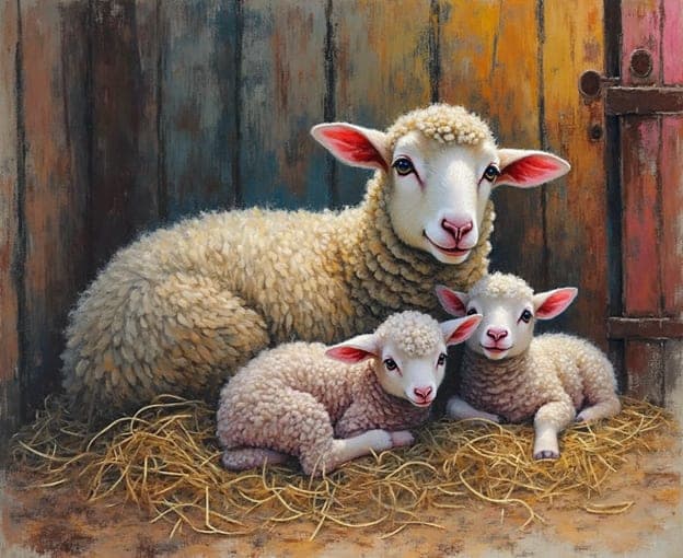 Ewe Two Lambs Barn Door Portrait