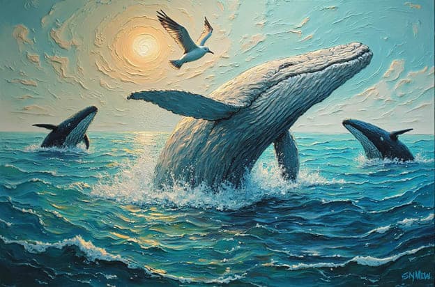 Breaching Whales Seagull Golden Sunrise