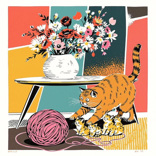 Orange Cat Kittens Yarn Flat Illustration