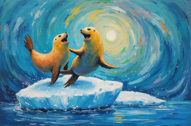 Two Seals Iceberg Swirling Moon