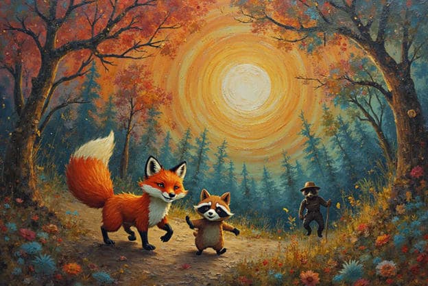 Fox Raccoon Tiny Figure Autumn Forest Sun