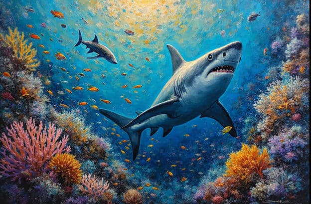 Great White Shark Coral Reef Colorful Fish