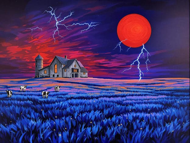 Cattle Grazing Farmhouse Red Moon Lightning