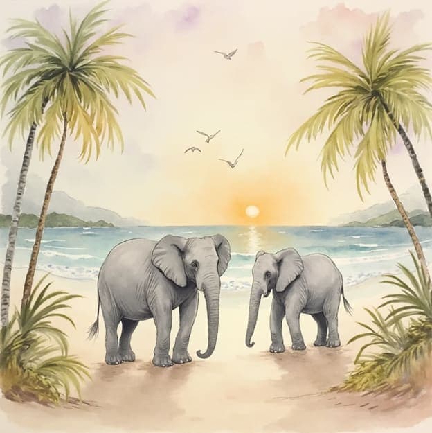 Two Elephants Beach Palm Trees Sunset Watercolor