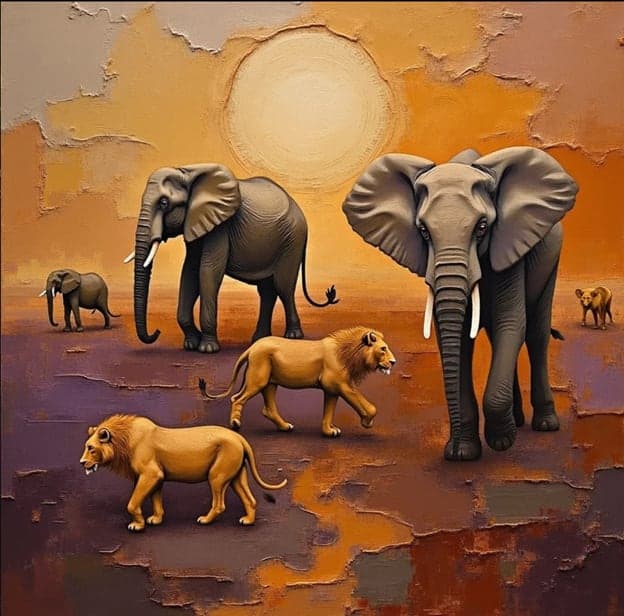 Elephants Lions Hyena Savanna Sunset