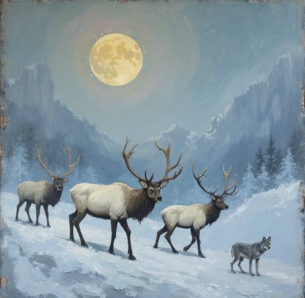 Elk Herd Wolf Full Moon Snowy Mountains