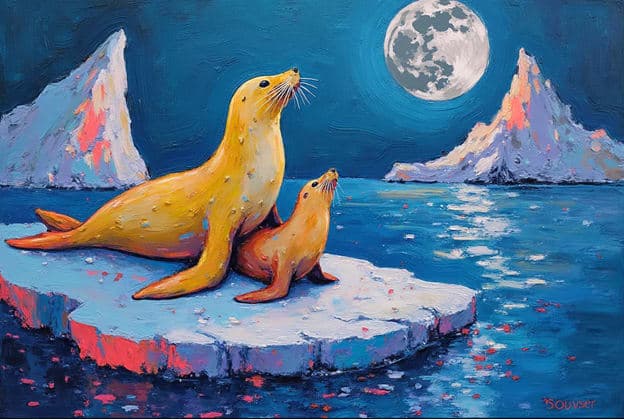Two Seals Full Moon Icebergs