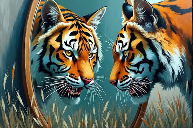 Two Tigers Face Off Mirror Portrait