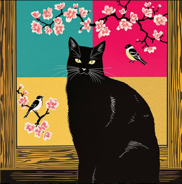 Black Cat Cherry Blossom Bird Geometric Window