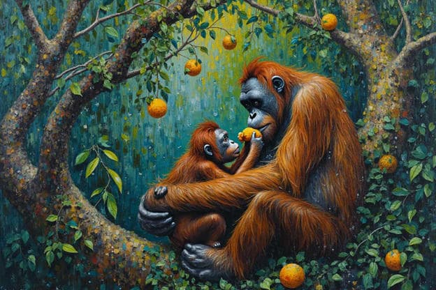 Orangutan Mother Baby Orange Fruit Tree