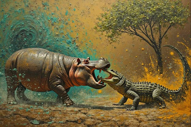 Hippo Crocodile Confrontation Golden Splash