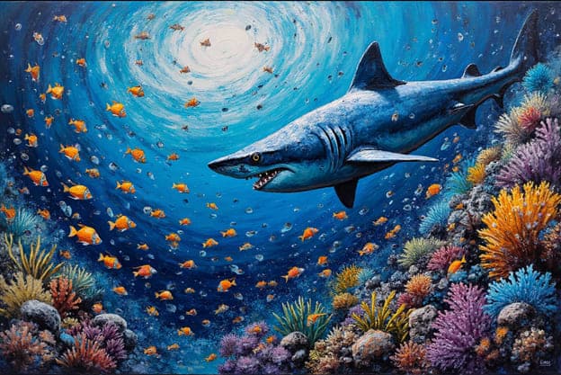 Great White Shark Colorful Fish Coral