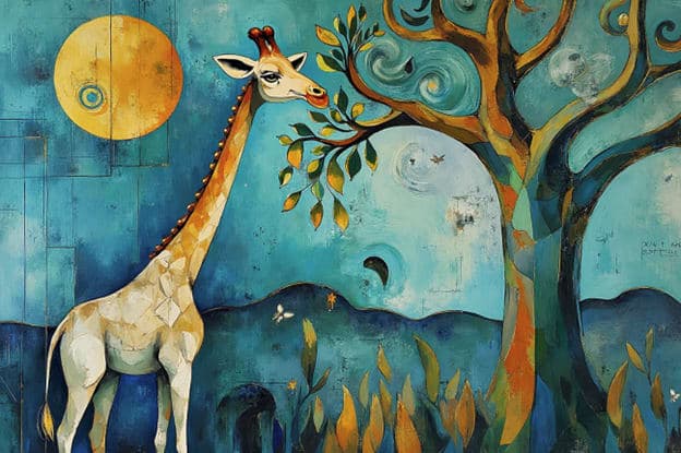 Whimsical Giraffe Tree Moon Folk Art