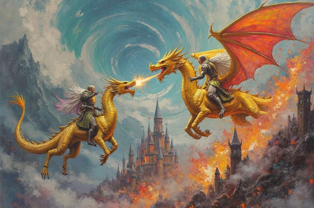 Two Gold Dragons Fire Breath Knights Castle