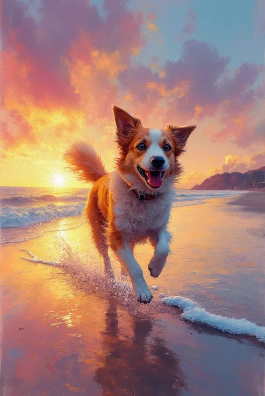 Dog Running Beach Sunset Waves