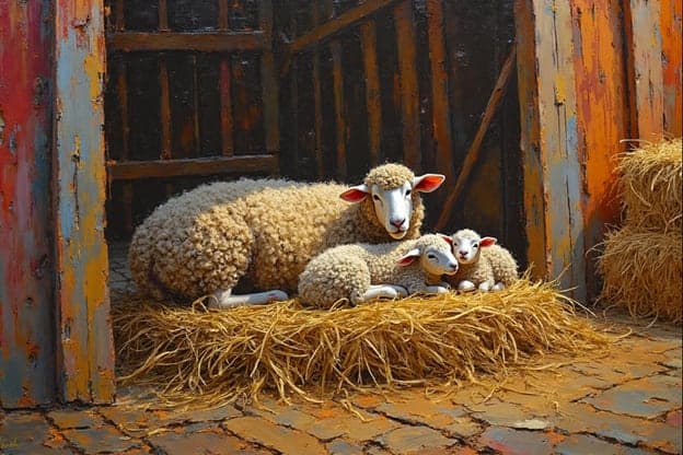 Ewe Two Lambs Barn Hay Doorway