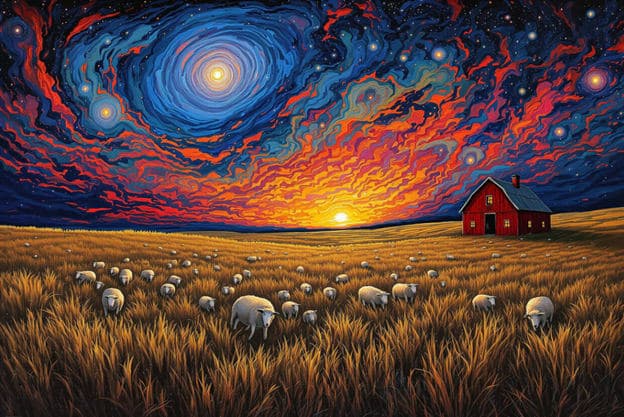 Sheep Flock Cosmic Sky Red Barn