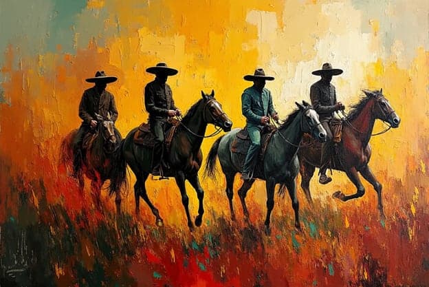 Four Cowboys Horses Golden Sunset Field