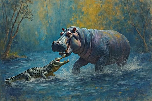 Hippo Crocodile Confrontation River Splash