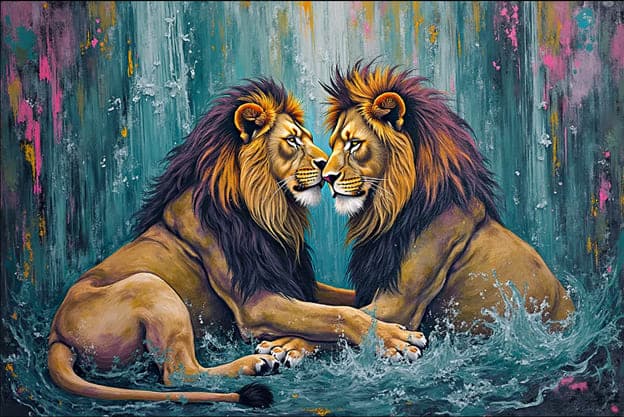 Two Lions Face Off Water Splash
