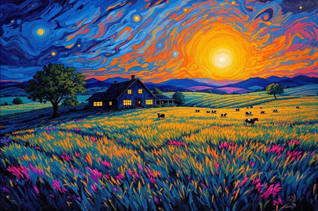 Farmhouse Cattle Field Swirling Sunset Sky