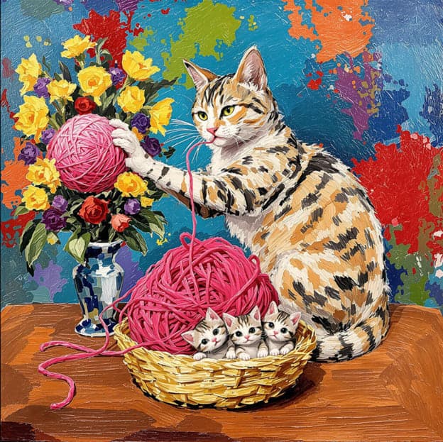 Tabby Cat Yarn Kittens Flower Vase Colorful