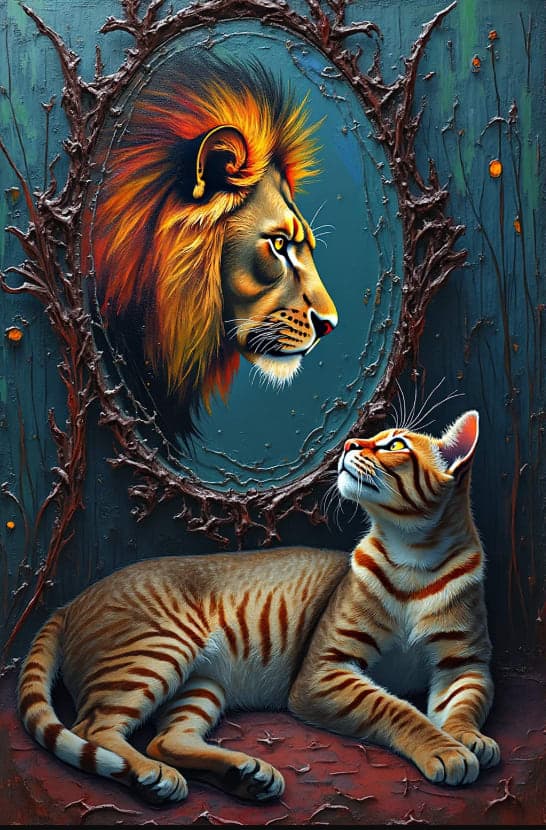Tabby Cat Lion Mirror Reflection Branches