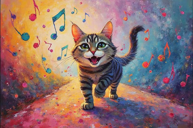 Singing Tabby Cat Musical Notes Cosmic Colorful