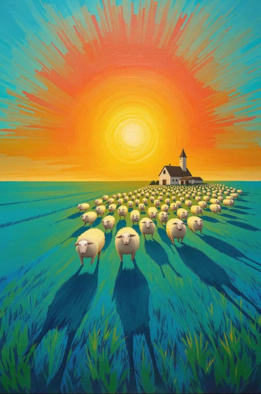 Sheep Flock Radiant Sunburst Church
