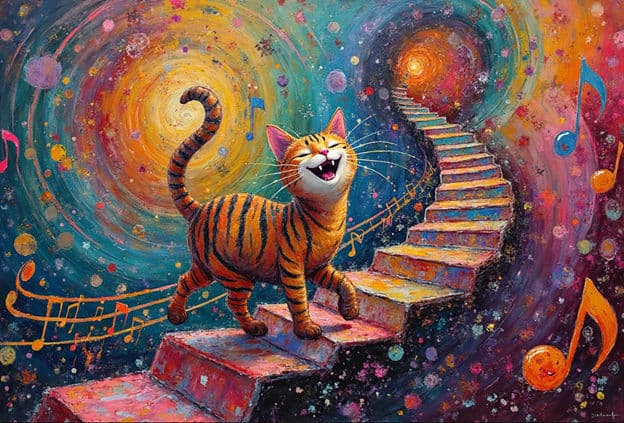 Singing Tiger Cat Staircase Cosmic Swirl