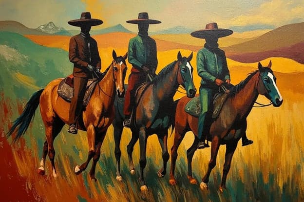 Three Cowboys Horses Golden Plains