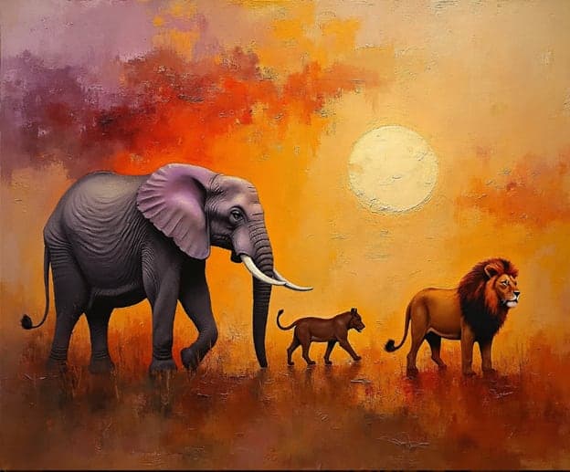 Elephant Lion Cub Lion Savanna Full Moon
