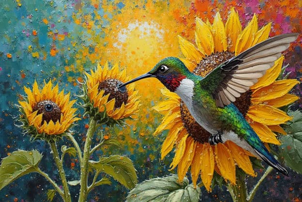 Hummingbird Sunflowers Colorful Textured