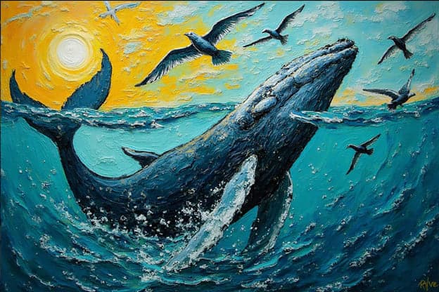 Breaching Whale Seagulls Golden Sunrise 2