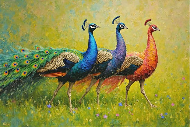 Three Peacocks Walking Green Meadow
